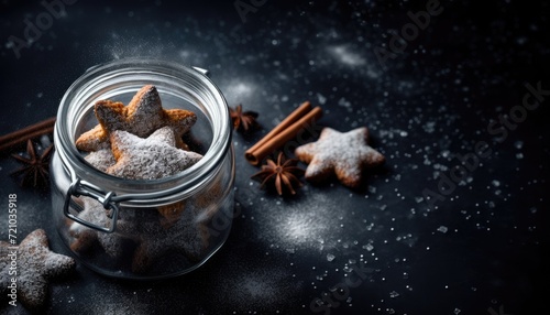 Cinnamon and anise cookies with powdered sugar in glass bottle on dark background. Star-shaped Christmas cookies with ingredients decoration. Generative AI.