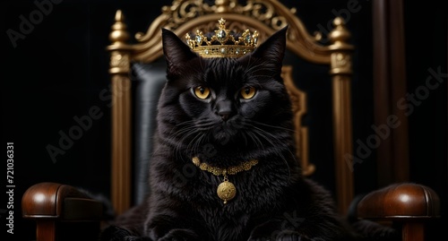 Luxurious black cat sitting on a chair with a golden crown