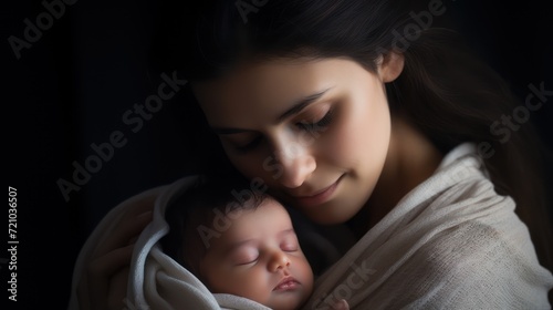 Beautiful young mother with her newborn baby on a black background. Generative AI