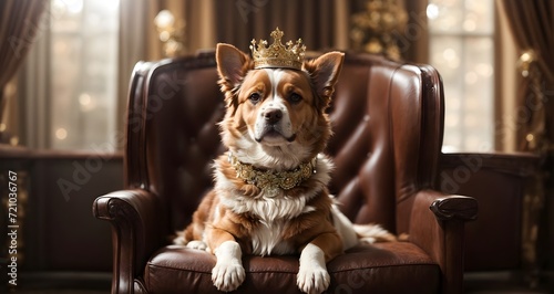 Corgi dog wearing a golden crown on a royal throne. © Naksh