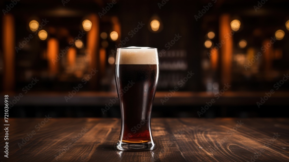 glass of dark beer on a wooden table in a pub or restaurant Generative AI - obrazy, fototapety, plakaty 