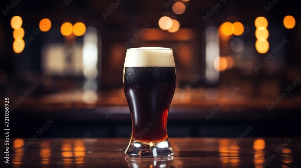 A pint of dark beer in a pub or restaurant. Close up. Generative AI - obrazy, fototapety, plakaty 