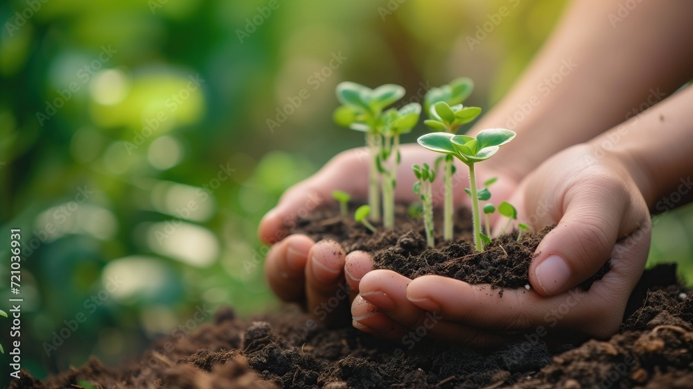 Hands holding seedling. generative ai Hands holding seedling. generative ai