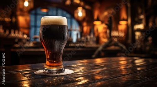Glass of dark beer on a wooden table in a pub or restaurant Generative AI