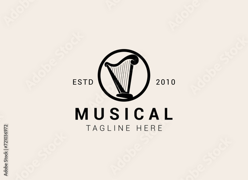 Creative and simple musical instrument logo. Harp logo design vector illustration