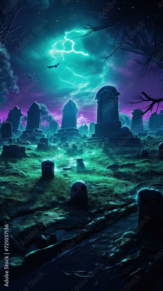 Glowing RGB Tombstones in a Dark Cemetery Generative AI