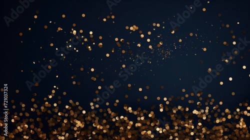 Gold glitter luxury sparkling confetti. Scattered small gold particles on dark blue background. Alive festive overlay template. Exquisite vector illustration. Generative AI