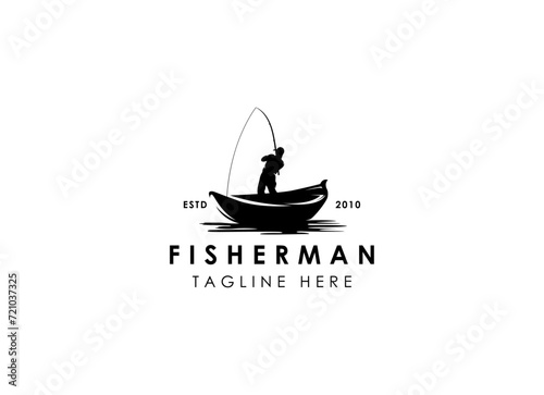 Fisherman in boat logo design. Vintage fishing logo design