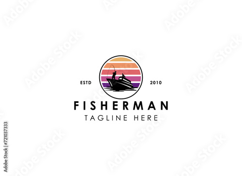 Fisherman in boat logo design. Vintage fishing logo design