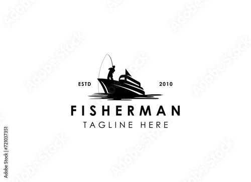 Fisherman in boat logo design. Vintage fishing logo design