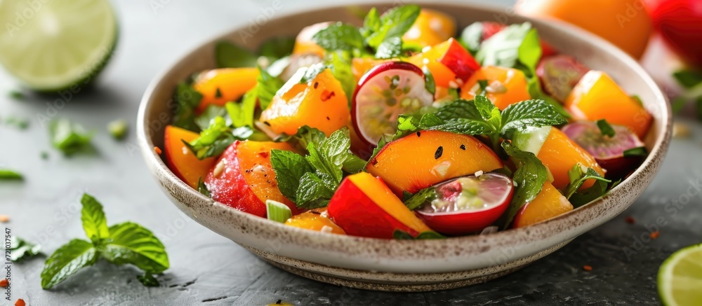 Fruit and greens salad with fresh persimmon and mint.