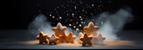 Cinnamon and shortbread cookies with powdered sugar and cinnamon on dark background. Star-shaped Christmas cookies with ingredients and festive decoration banner. Generative AI.