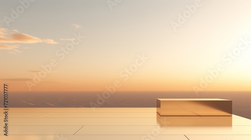 3d render of golden podium on the sea background. Scene for product presentation. Generative AI © Alex