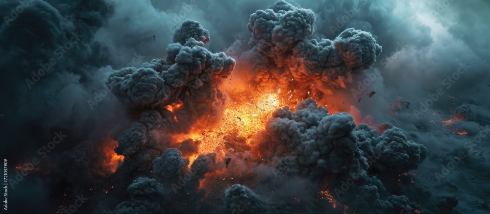 Explosive eruption with fire and smoke.