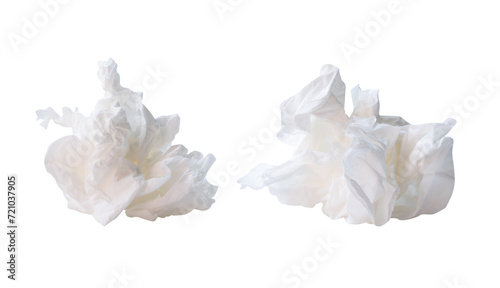 Front view of white screwed or crumpled tissue paper or napkin in set in strange shape after use in toilet or restroom isolated with clipping path in png file format