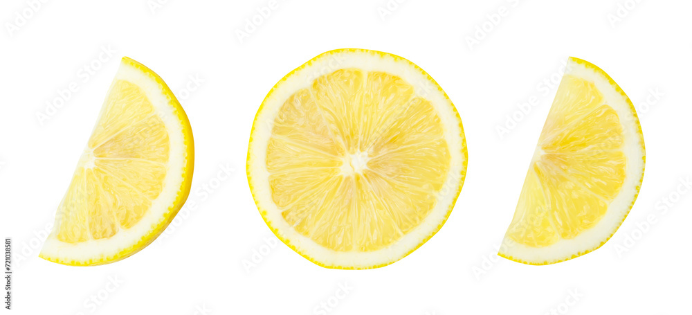 Top view of yellow lemon half and slices in set isolated on white background with clipping path
