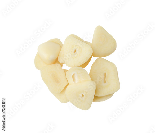Top view of garlic slices or pieces in stack isolated with clipping path in png file format