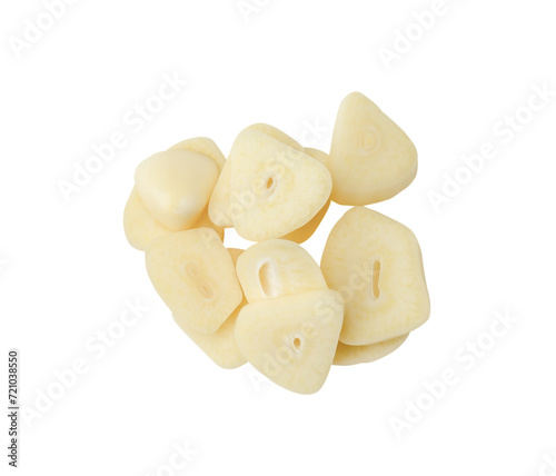 Top view of garlic slices or pieces in stack isolated on white background with clipping path