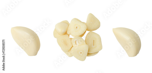 Top view set of garlic clove and slices or pieces isolated with clipping path in png file format