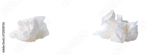 Front view of white screwed or crumpled tissue paper or napkin in set in strange shape after use in toilet or restroom isolated with clipping path in png file format