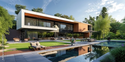 Modern house with a pool, sunny summer weather © piai