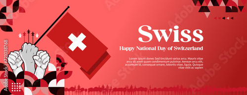 Swiss National Day banner in colorful modern geometric style. National Independence Day greeting card cover with typography. Illustration banner for Switzerland national holiday celebration party