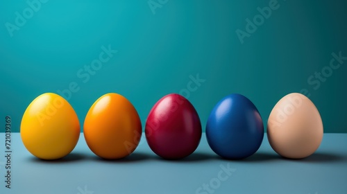Colorful Easter eggs on a blue background. 3d rendering. Generative AI