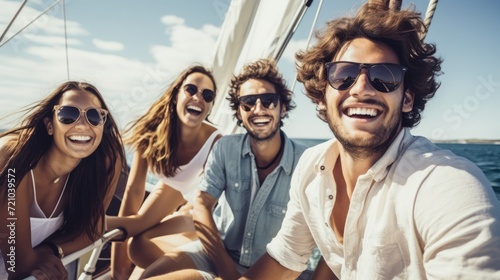 Group of young friends having fun on a yacht at sea, smiling Generative AI