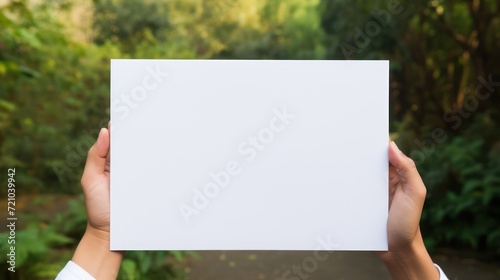 Hands holding white blank paper sheet with nature background, stock photo Generative AI
