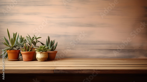 多肉植物を飾ったヴィンテージ古着屋の壁とテーブル photo