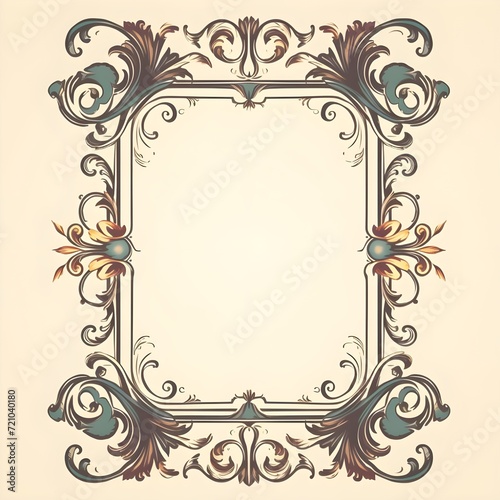 Illustration of vintage frame with floral ornament in blue and gold colors