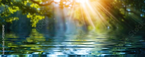 River gentle flow amidst lush greenery reflecting sun tranquil embrace. Morning light cascades through trees unveiling serene landscape of life and color. Heart of nature water and forest in journey