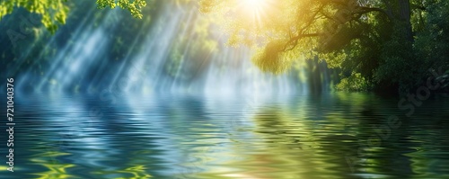 River gentle flow amidst lush greenery reflecting sun tranquil embrace. Morning light cascades through trees unveiling serene landscape of life and color. Heart of nature water and forest in journey © Wuttichai