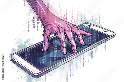 Illustration of a hand holding a smartphone against a backdrop of streaming binary code, symbolizing data security and digital information.
