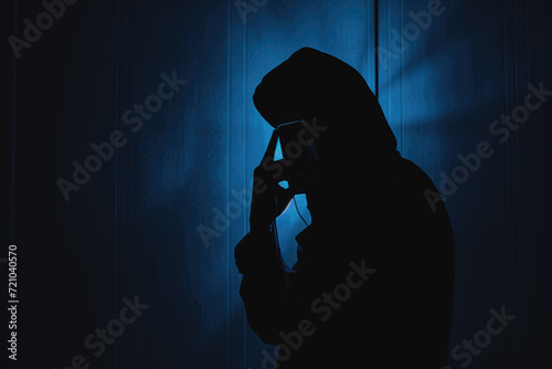 Dark silhouette of a mysterious Scammer in a hoodie holding a phone, symbolizing secretive communication or illegal activity.