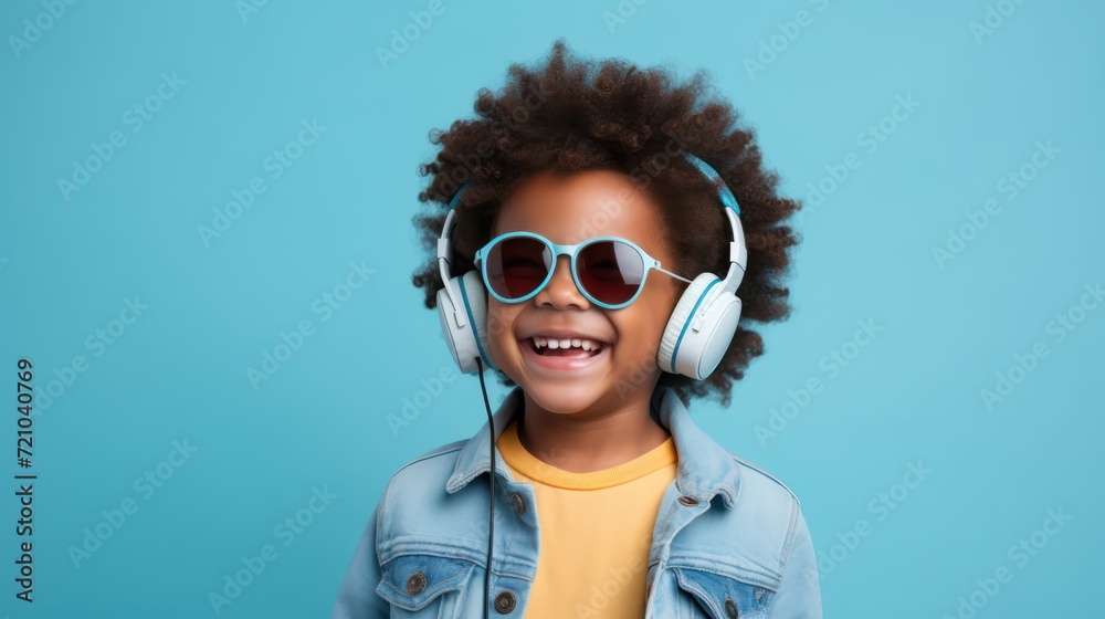 Cheerful african american girl listening to music with headphones Generative AI