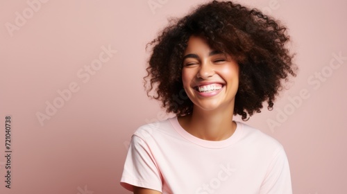Beautiful african american young woman with afro hairstyle laughing. Generative AI