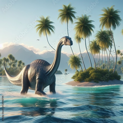 Brachiosaurus dinosaur in water next to islands with palm trees. This is a 3d render illustration © hallowen
