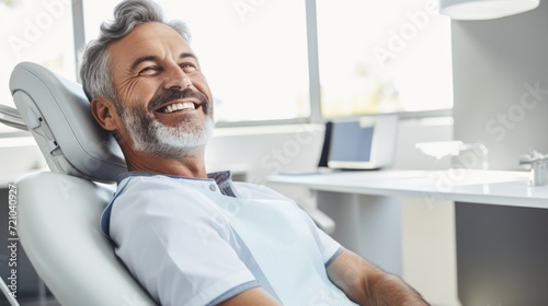 Portrait of a smiling senior male dentist sitting in a dental chair Generative AI
