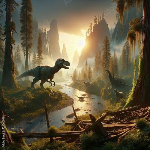 distances dinosaurs roaming the redwood national parks surround with vines and river 