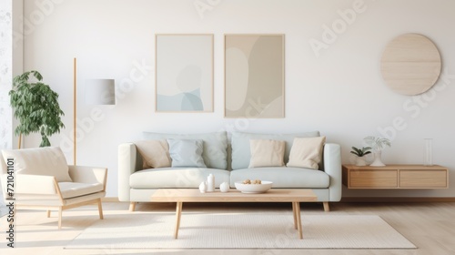 Living room interior with a beige sofa, a coffee table and two posters. 3d rendering mock up Generative AI