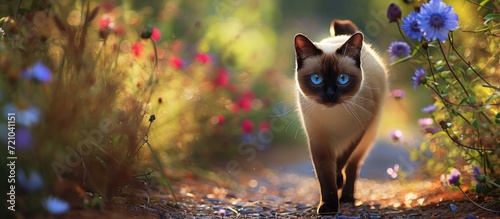 Blue-eyed Siamese cat wandering down a gravel path lined with wild flowers.