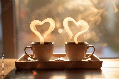 On a wooden tray, two coffee cups emit heart shaped steam, symbolizing love and warmth in a softly lit environment. 