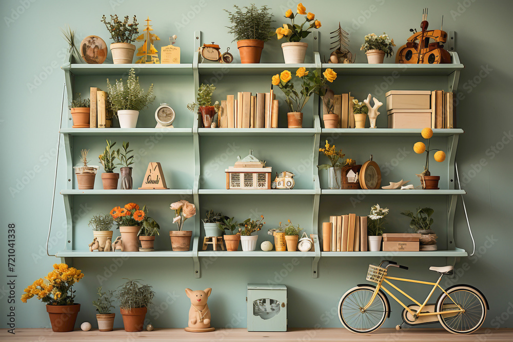 Embellish your living area with a shelf showcasing an array of cute little items, including a small bicycle toy. Capture the essence of joy and simplicity in this charming arrangement.
