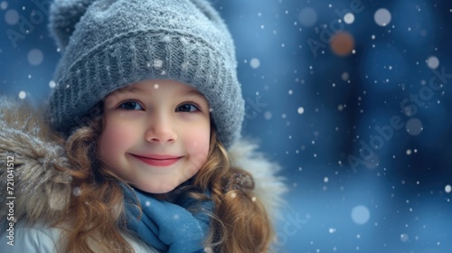 Portrait of a cute little girl on a winter forest background. Generative AI