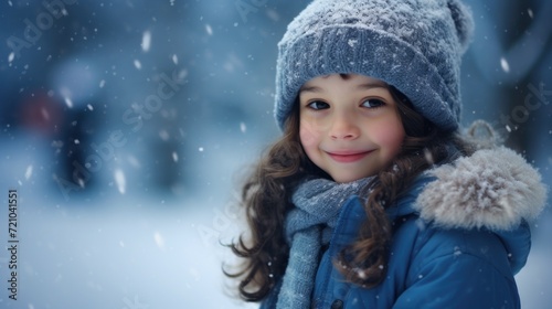 Portrait of a cute little girl in a winter coat and hat Generative AI