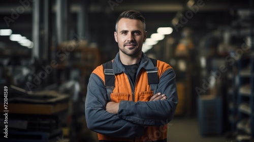 Portrait of confident male warehouse worker standing with arms crossed in warehouse Generative AI