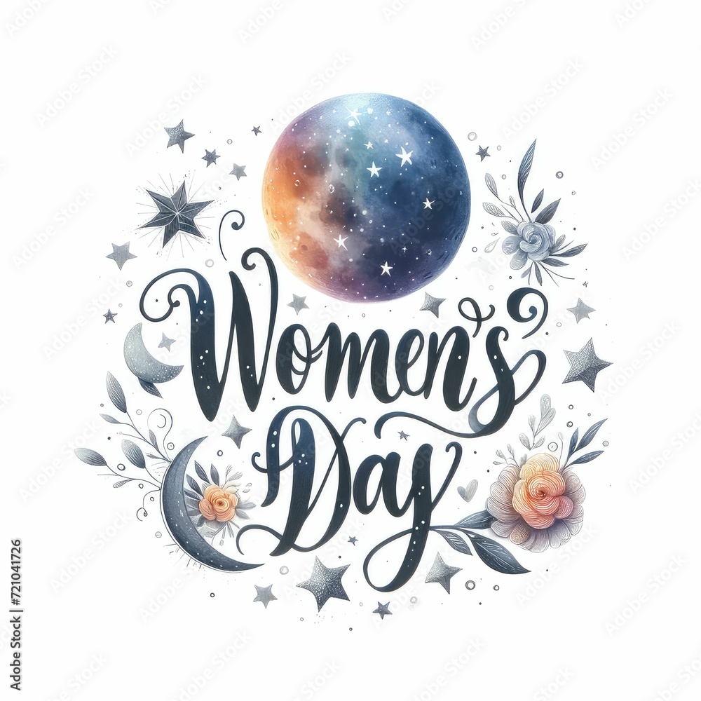 Women's Day lettering with celestial elements. watercolor illustration, white color background