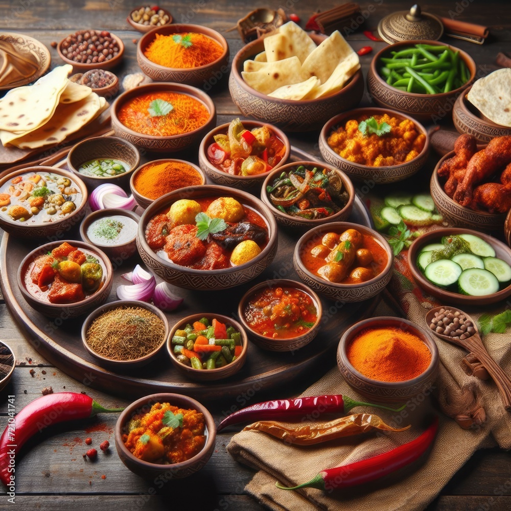 Traditional Indian spicy dishes on the wooden table