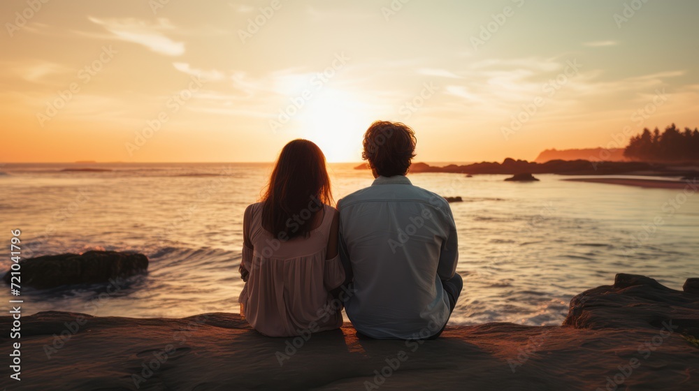 Couple watching the sunset on the beach. Man and woman sitting on the cliff. Generative AI